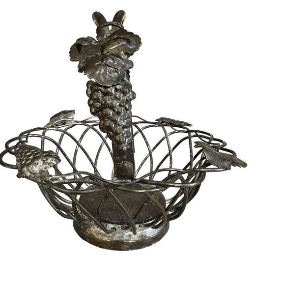 Godinger Silver Plate Open Weave Fruit Bread Bowl Movable Handle Vintage Grapes - Picture 5 of 9